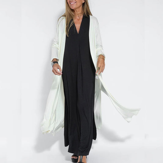 European And American Fashion New Style Solid Color Long Sleeve Long Slit Trench Coat