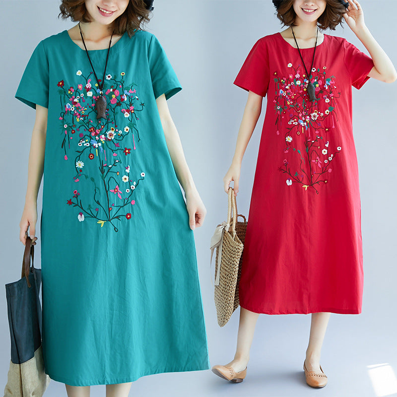 Ethnic Style Embroidered Cotton Linen Medium Length Dress