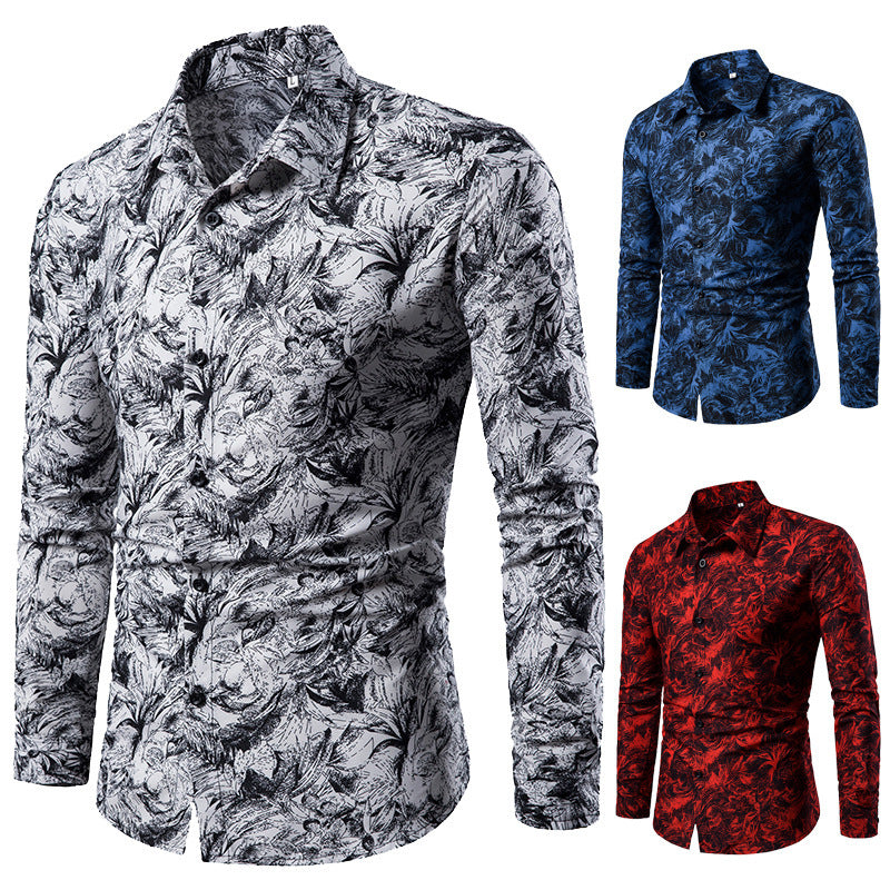 Autumn and Winter Mens Shirt Printed Casual Long Sleeved Shirt Slim Fit Male Social Dress Shirt For Men