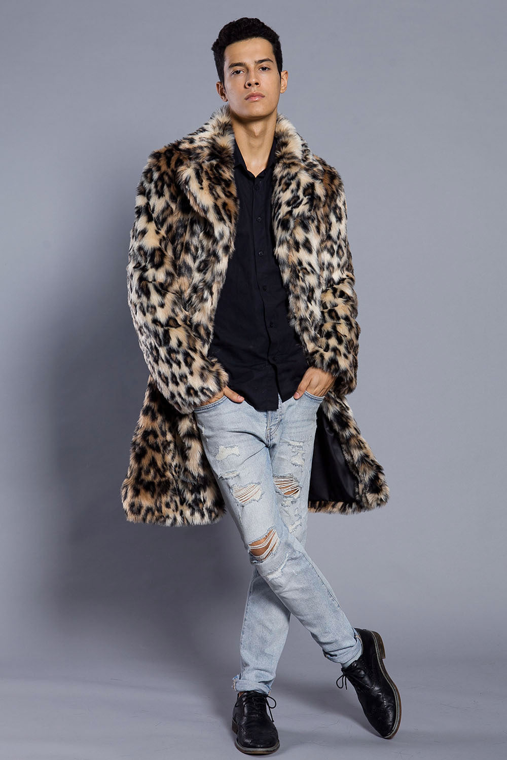 Europe And The United States Leopard Color  Fur Men's Suit Collar Collar Coat Popular Warm Coat Men