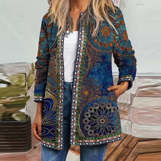 New Retro Ethnic Print Long-sleeved Coat Jacket Cardigan Women's Clothing