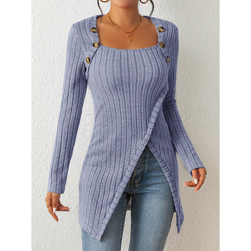 Woman Square-neck Off-shoulder Slit Sweater