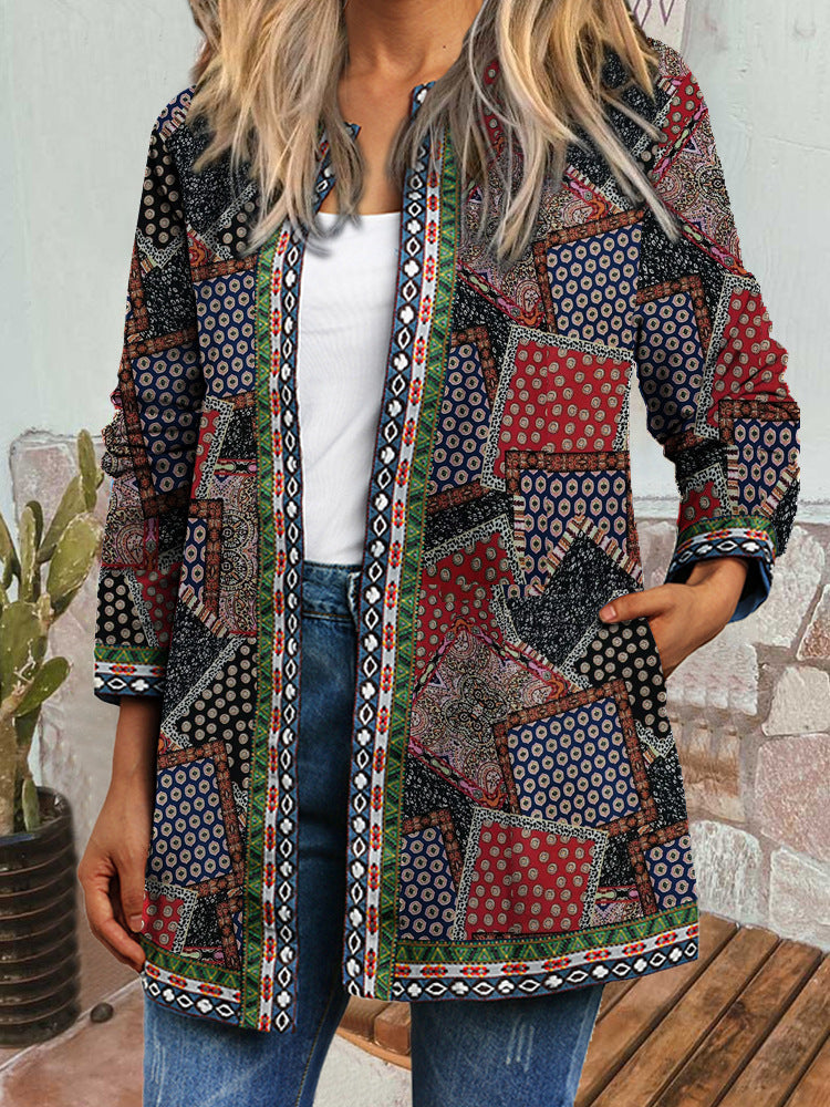 New Retro Ethnic Print Long-sleeved Coat Jacket Cardigan Women's Clothing