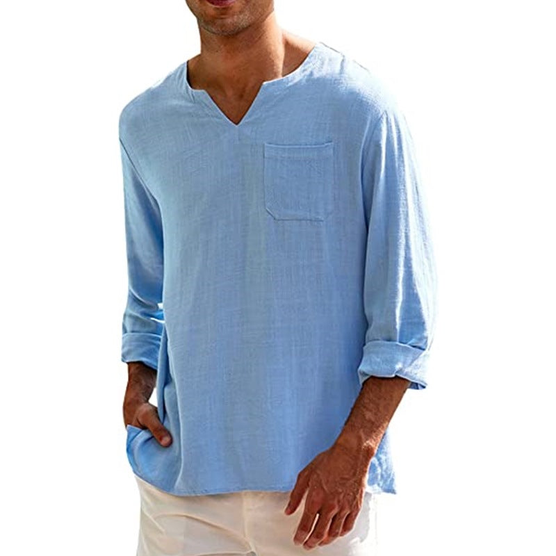 Men's Long Sleeve V Neck Casual Beach Linen Shirt