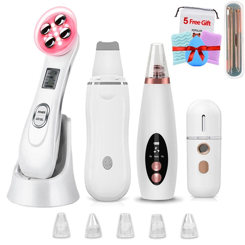 RF EMS LED Mesotherapy Facial Massager Ultrasonic Skin Scrubber Cleaning Blackhead Remover Vacuum Pore Cleaner Face Lifting Kit