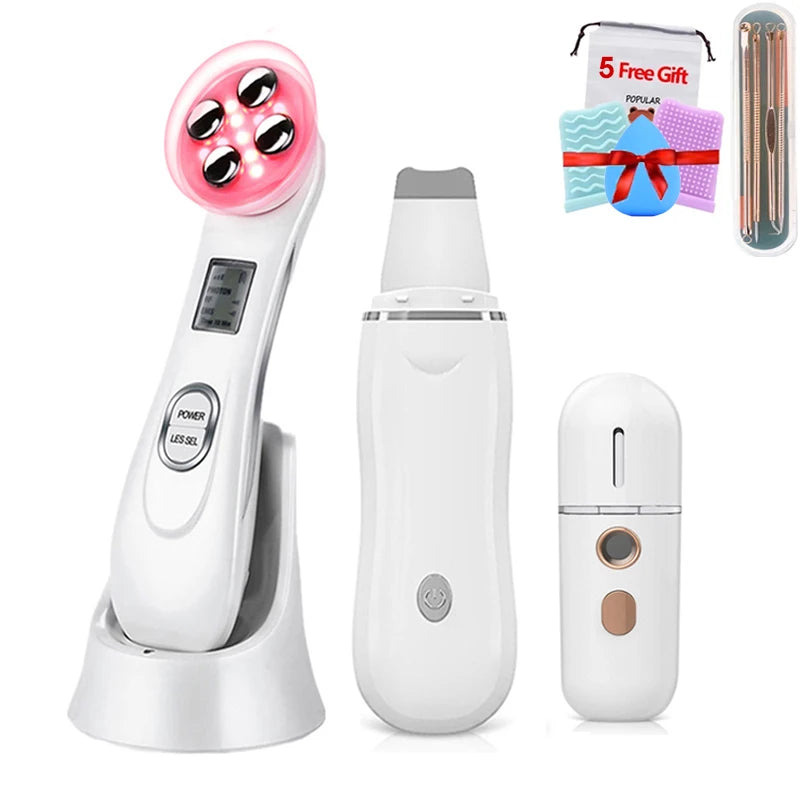 RF EMS LED Mesotherapy Facial Massager Ultrasonic Skin Scrubber Cleaning Blackhead Remover Vacuum Pore Cleaner Face Lifting Kit