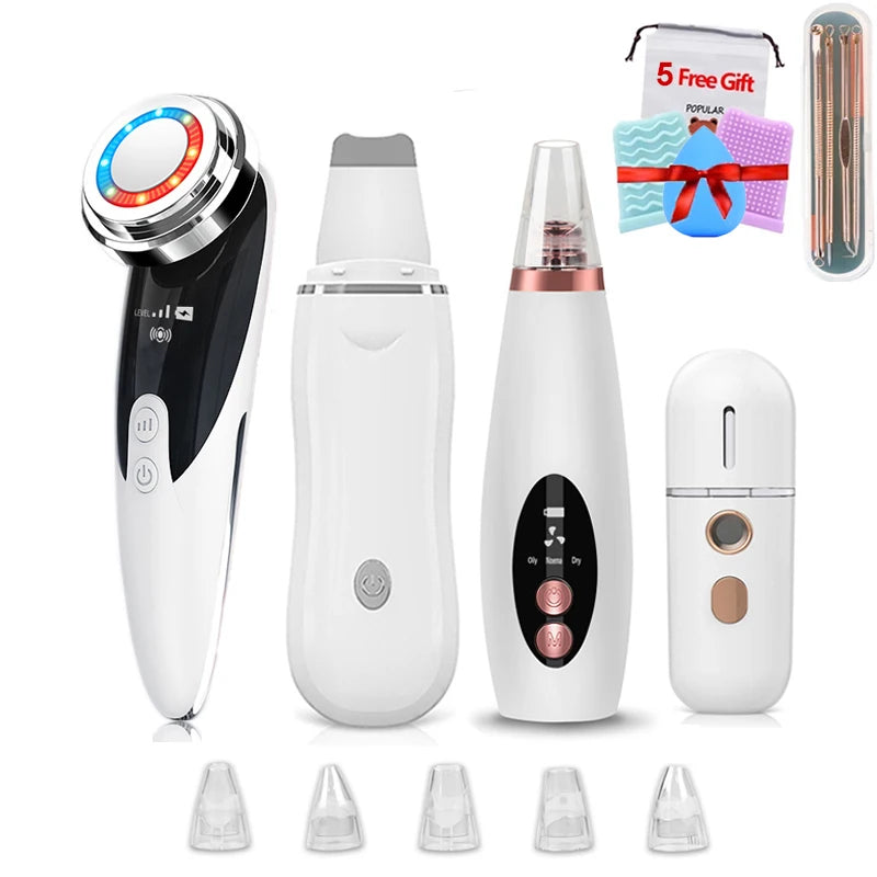 RF EMS LED Mesotherapy Facial Massager Ultrasonic Skin Scrubber Cleaning Blackhead Remover Vacuum Pore Cleaner Face Lifting Kit