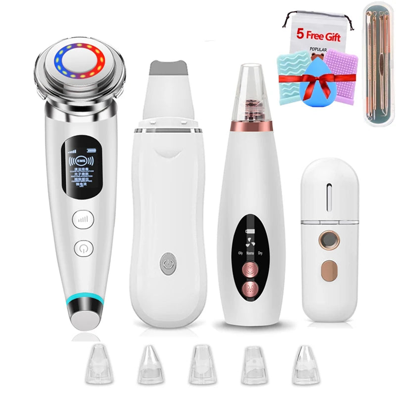 RF EMS LED Mesotherapy Facial Massager Ultrasonic Skin Scrubber Cleaning Blackhead Remover Vacuum Pore Cleaner Face Lifting Kit