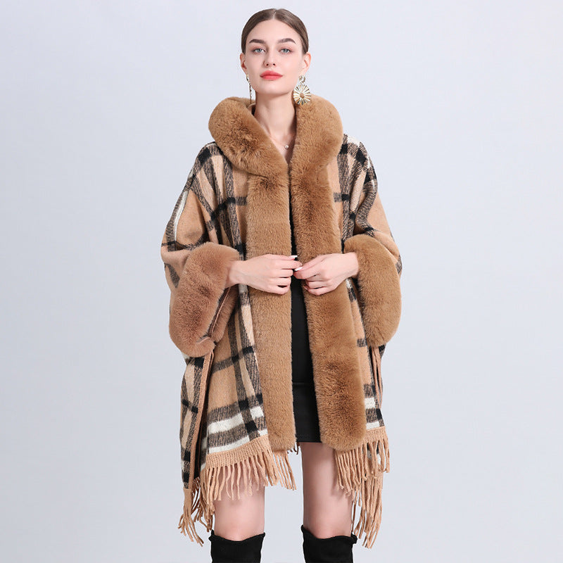 Loose Plaid Plus Cashmere Fur Collar Knitted Inverness