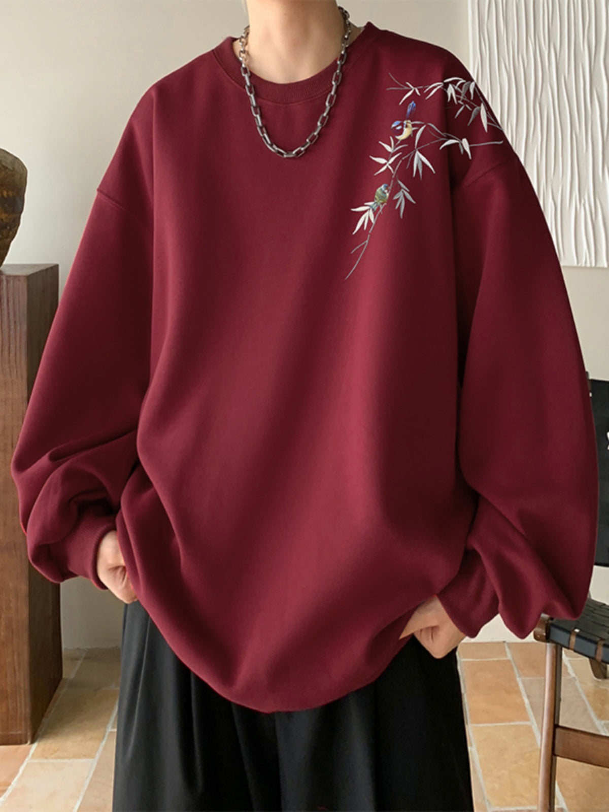 Wine Red Sweater Men's Round Neck Loose