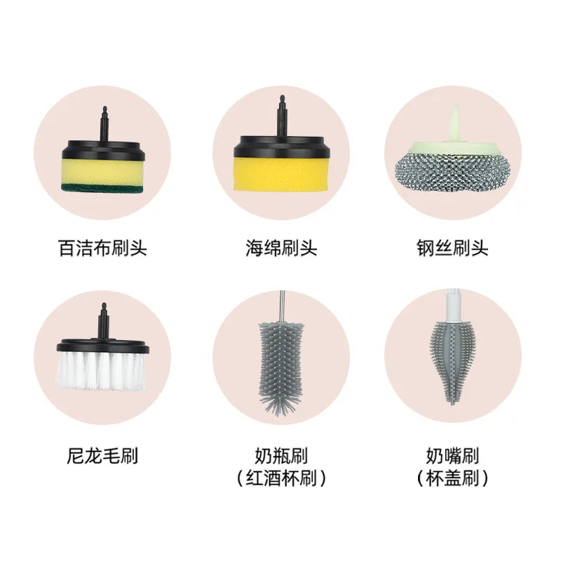 6 In 1 Electric Cleaning Brush Automatic Dishwashing Brush 1200mAh USB Rechargeable Multifunctional Brush with 6 Head Cleaning