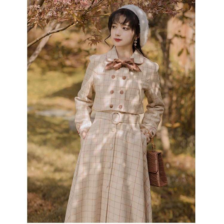 Elegant Full Length Spring Plaid Long Sleeve Midi Dress