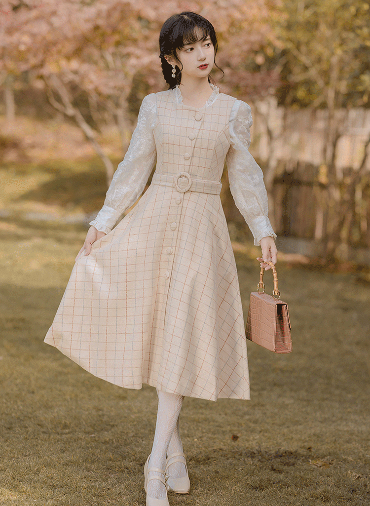 Elegant Full Length Spring Plaid Long Sleeve Midi Dress