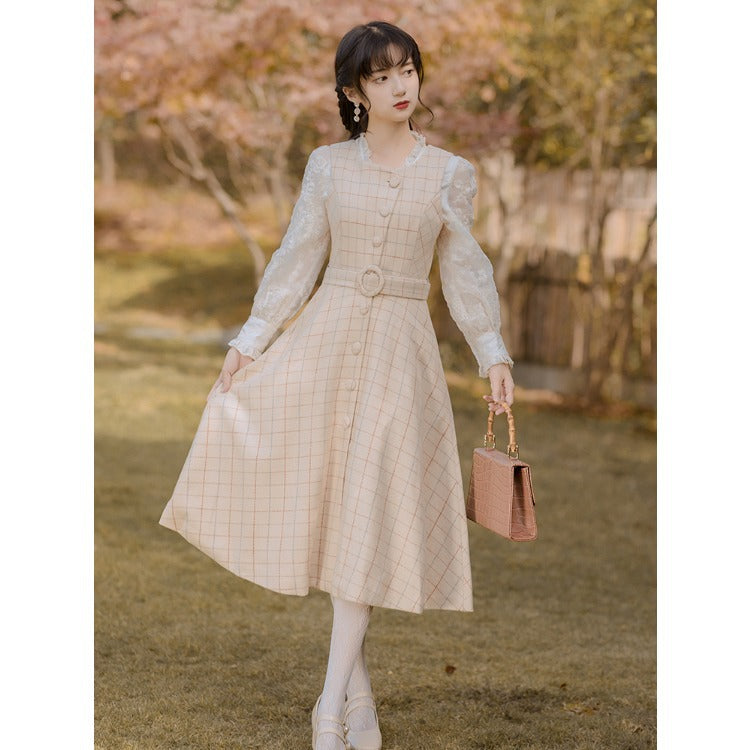 Elegant Full Length Spring Plaid Long Sleeve Midi Dress