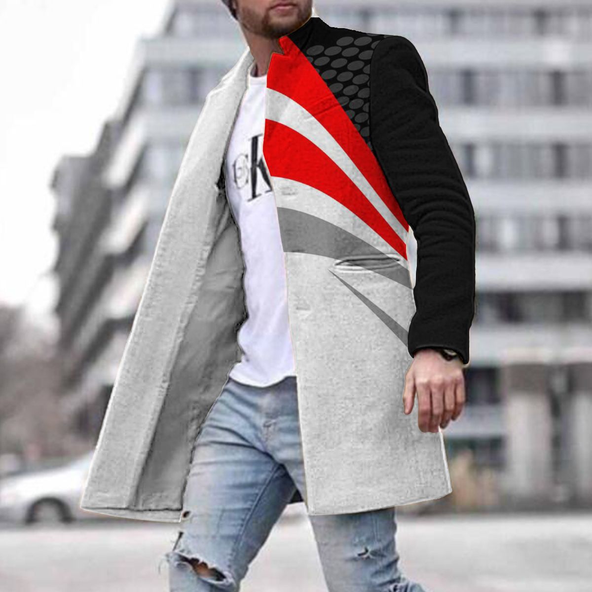 European And American New Men's Woolen Coat 3D Digital Printing Fall Lapels