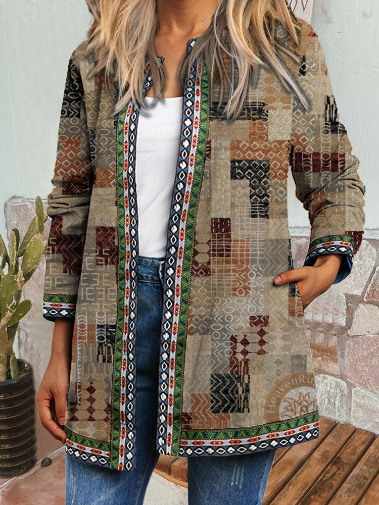 New Retro Ethnic Print Long-sleeved Coat Jacket Cardigan Women's Clothing