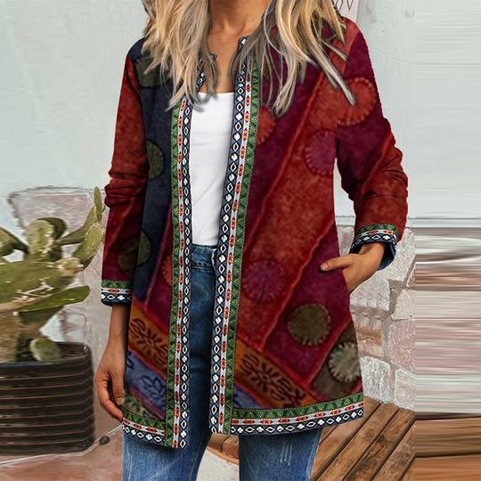 New Retro Ethnic Print Long-sleeved Coat Jacket Cardigan Women's Clothing