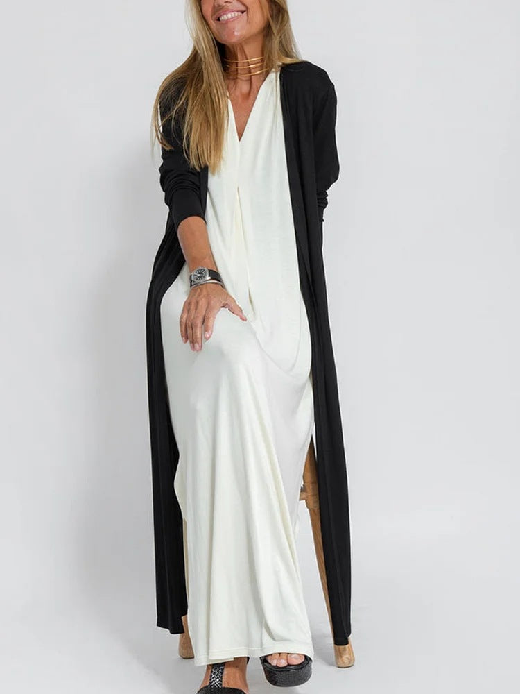 European And American Fashion New Style Solid Color Long Sleeve Long Slit Trench Coat