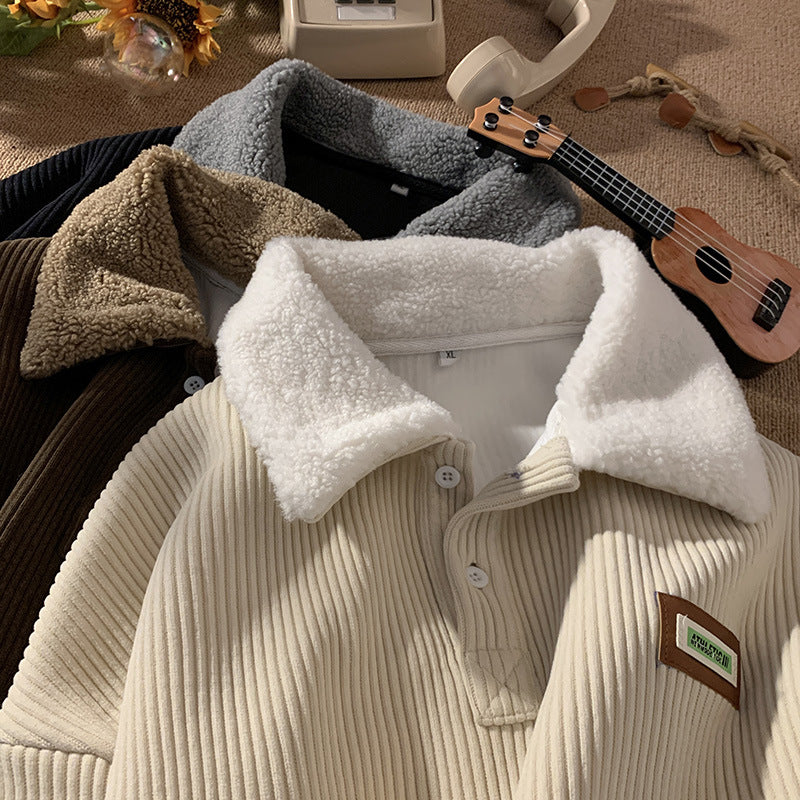 Men's Fleece-lined Thick Corduroy Polo Collar Sweater