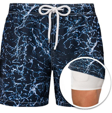 Mens Sports Print Double Layer Polyester Shorts