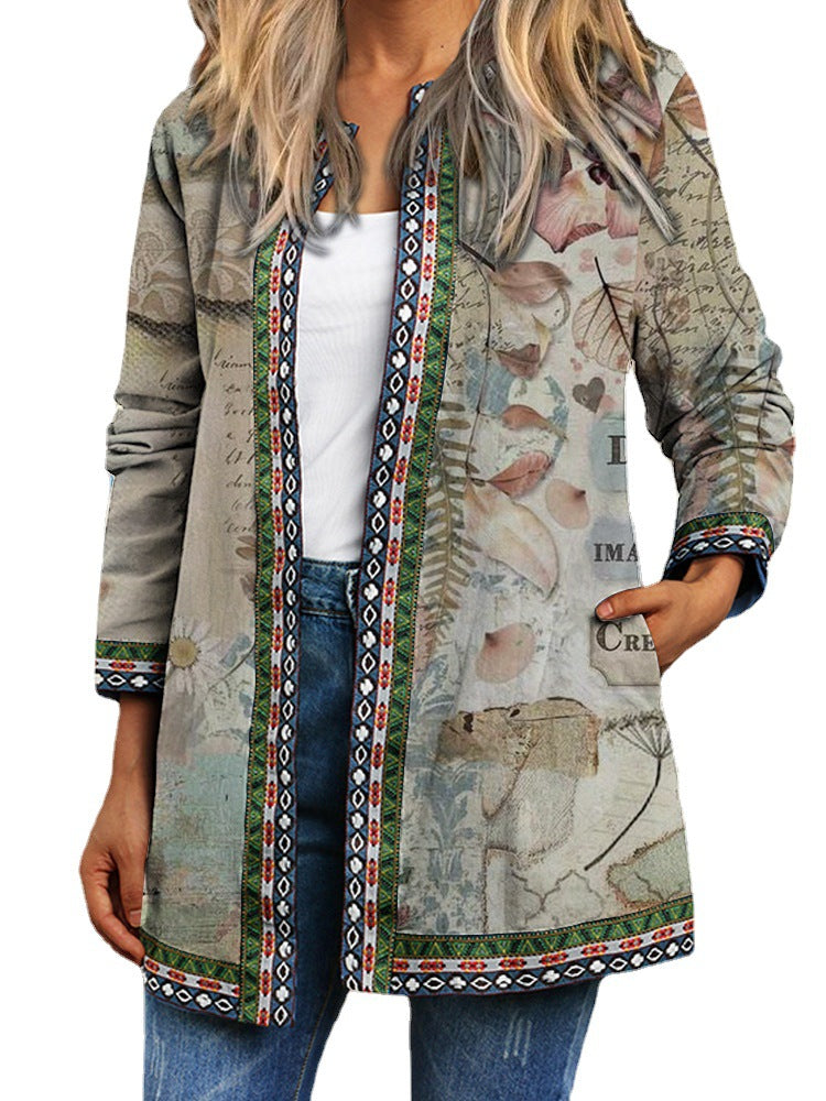 New Retro Ethnic Print Long-sleeved Coat Jacket Cardigan Women's Clothing